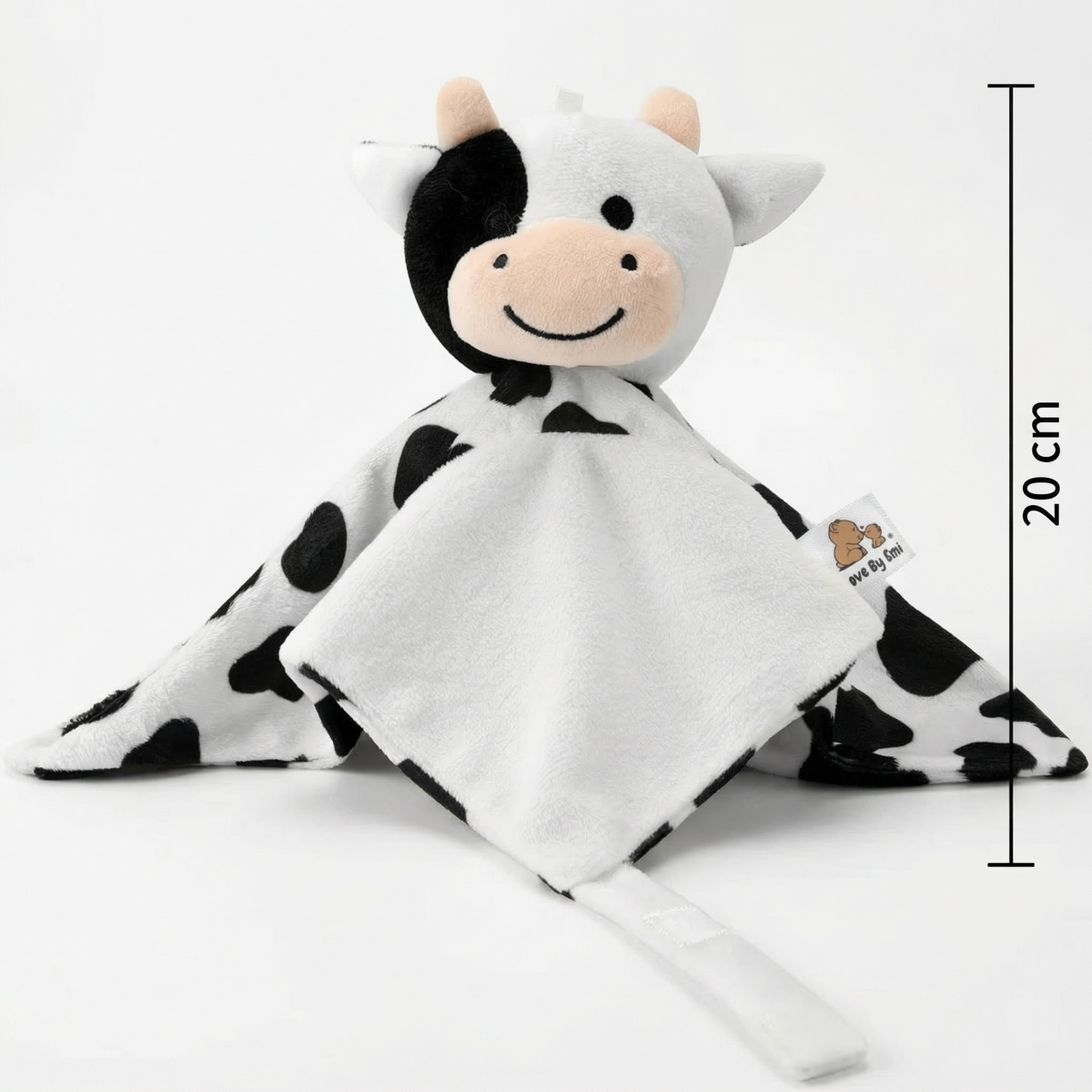 Cow-themed plush toy with a blanket, on a white background with dimensions indicated.