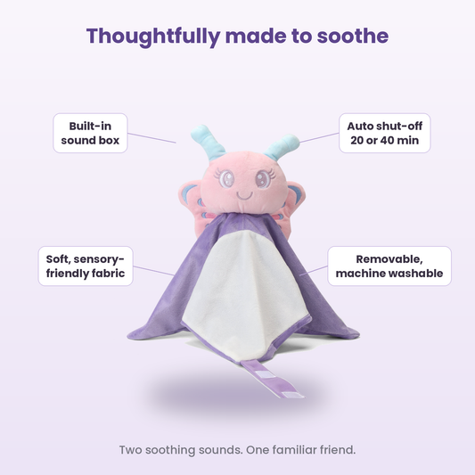 Flutter the Butterfly baby comforter features: built-in sound box, 20 or 40 minute auto shut-off, soft sensory-friendly fabric, machine washable